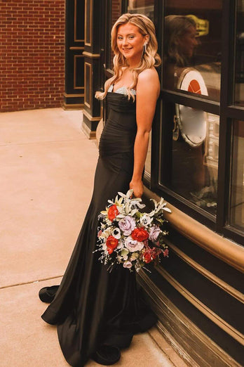 Glitzer Schwarz Trägerlos Langes Abendkleid mit Perlen
