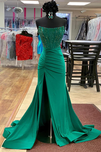 Glitzer Smaragdgrünes Korsett Trägerlos Langes Abendkleid