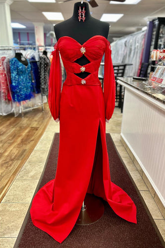 Rote Meerjungfrau Perlen Langes Abendkleid mit Langen Ärmel