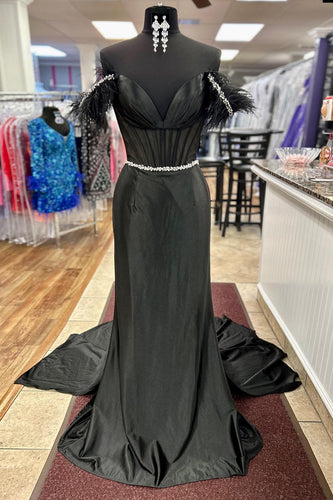 Glitzer Schwarzes Korsett Perlen Langes Abendkleid mit Feder