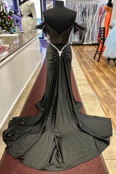 Glitzer Schwarzes Korsett Perlen Langes Abendkleid mit Feder
