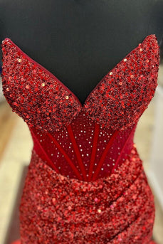 Glitzer Rote Korsett Trägerlos Pailletten Langes Abendkleid