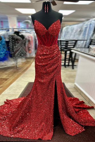 Glitzer Rote Korsett Trägerlos Pailletten Langes Abendkleid