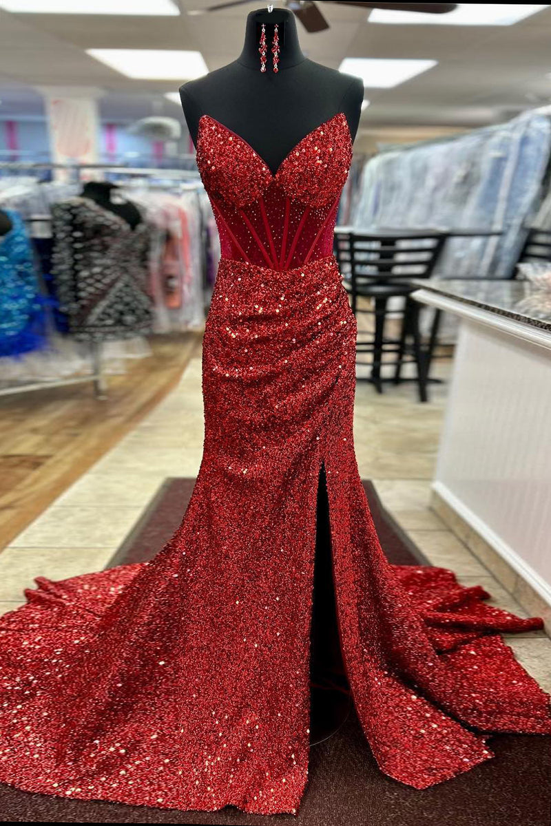 Laden Sie das Bild in den Galerie-Viewer, Glitzer Rote Korsett Trägerlos Pailletten Langes Abendkleid