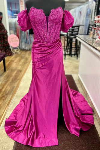 Blumen Fuchsie Puffärmel Korsett Langes Abendkleid mit Schlitz