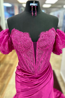 Blumen Fuchsie Puffärmel Korsett Langes Abendkleid mit Schlitz