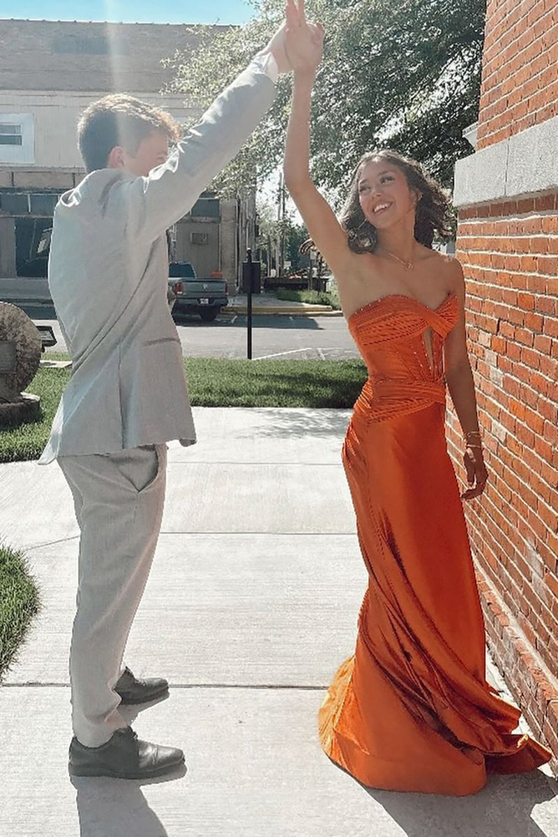 Laden Sie das Bild in den Galerie-Viewer, Glitzer Orange Herzchen Perlen Langes Korsett Abendkleid mit Schlitz