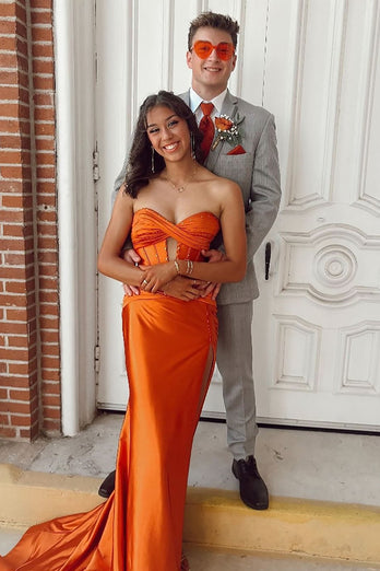 Glitzer Orange Herzchen Perlen Langes Korsett Abendkleid mit Schlitz