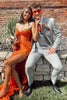 Laden Sie das Bild in den Galerie-Viewer, Glitzer Orange Herzchen Perlen Langes Korsett Abendkleid mit Schlitz