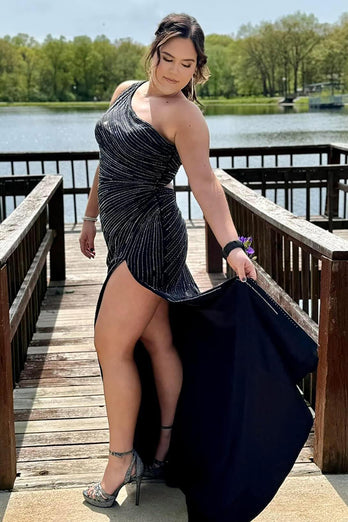 Glitzer Schwarz Eine Schulter Perlen Langes Abendkleid mit Schlitz