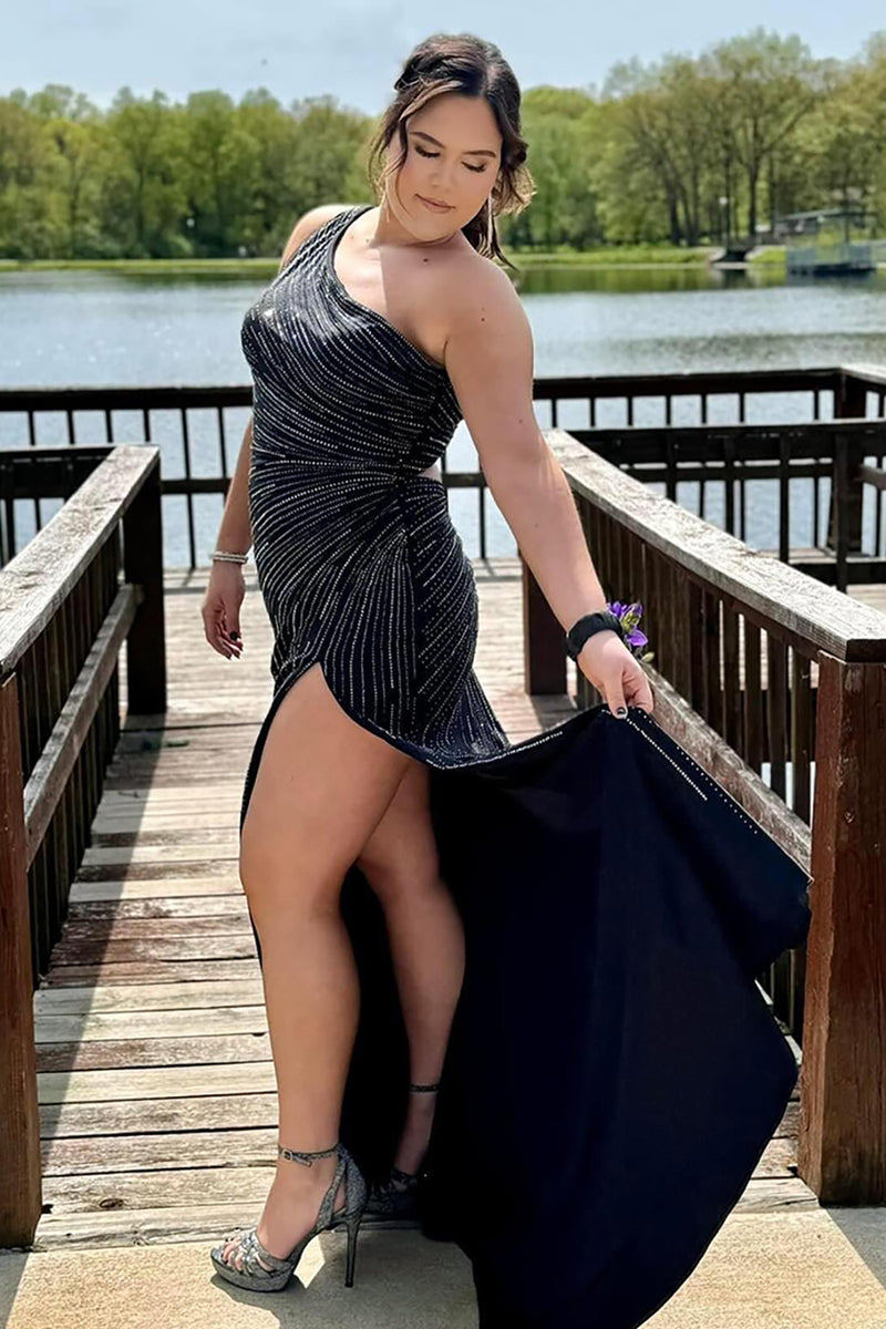 Laden Sie das Bild in den Galerie-Viewer, Glitzer Schwarz Eine Schulter Perlen Langes Abendkleid mit Schlitz