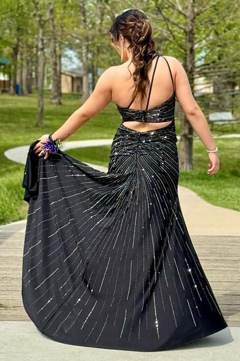 Laden Sie das Bild in den Galerie-Viewer, Glitzer Schwarz Eine Schulter Perlen Langes Abendkleid mit Schlitz