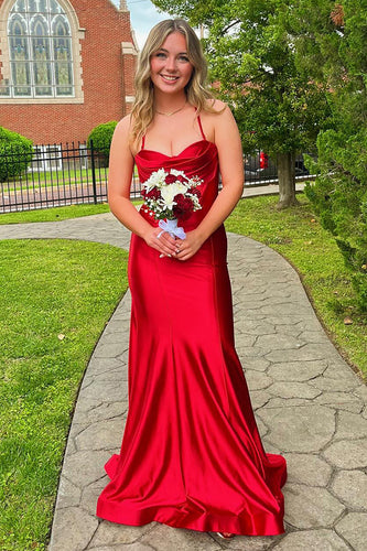 Rote Korsett Spaghettiträgern Langes Satin Abendkleid