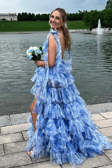 Blumen Blaue V-Ausschnitt Gestuft Langes Abendkleid mit Schlitz