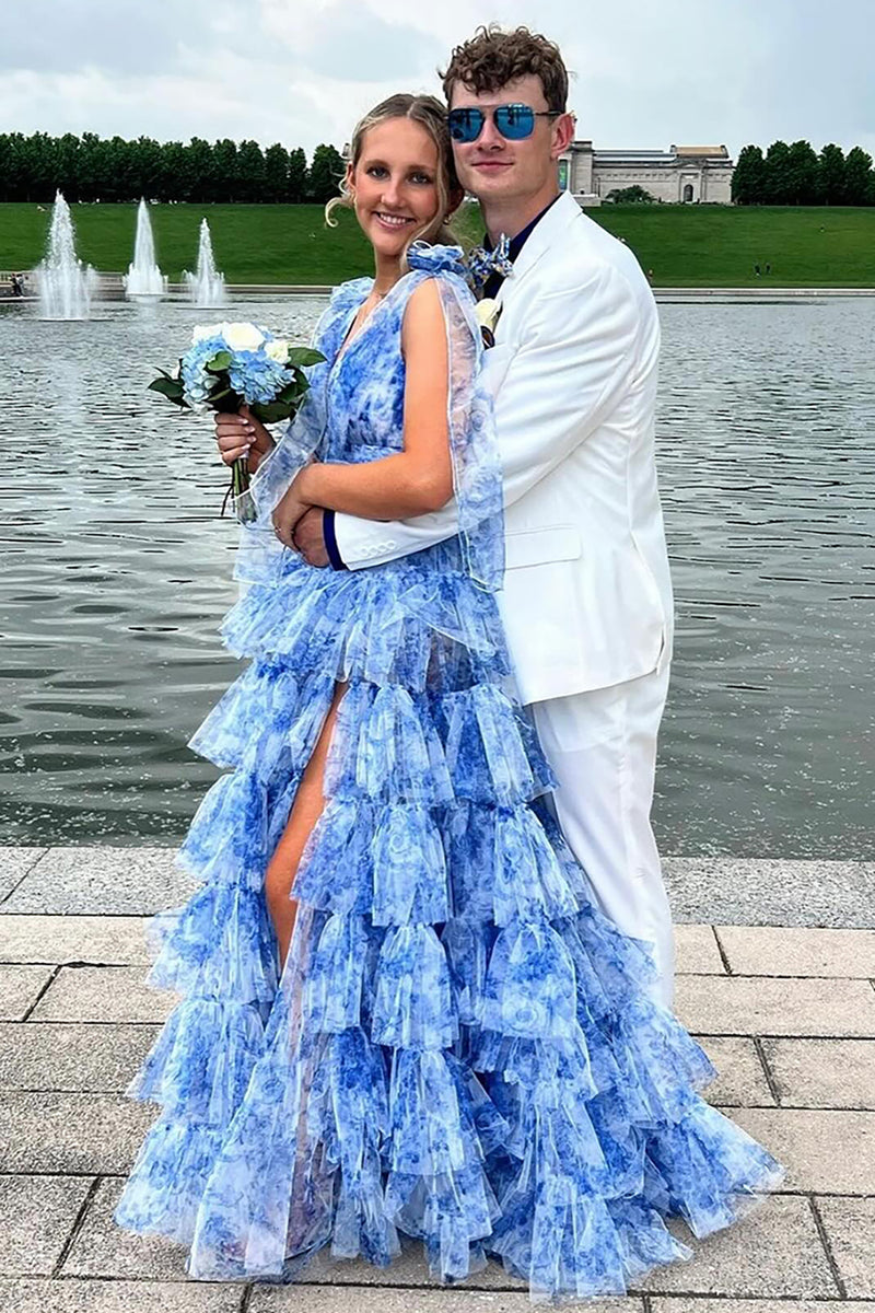 Laden Sie das Bild in den Galerie-Viewer, Blumen Blaue V-Ausschnitt Gestuft Langes Abendkleid mit Schlitz
