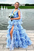 Laden Sie das Bild in den Galerie-Viewer, Blumen Blaue V-Ausschnitt Gestuft Langes Abendkleid mit Schlitz