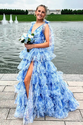 Blumen Blaue V-Ausschnitt Gestuft Langes Abendkleid mit Schlitz