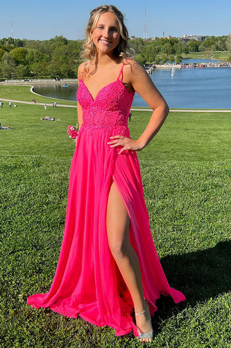 Blumen Fuchsie Plisse Spaghettiträger Langes Korsett Abendkleid mit Schlitz