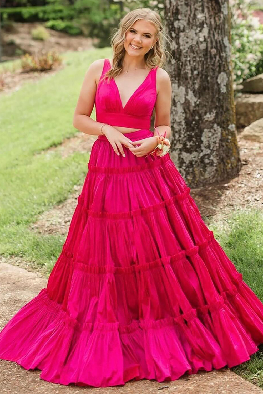 Prinzessin Fuchsie 2 Teilig V-Ausschnitt Plissie Langes Abendkleid