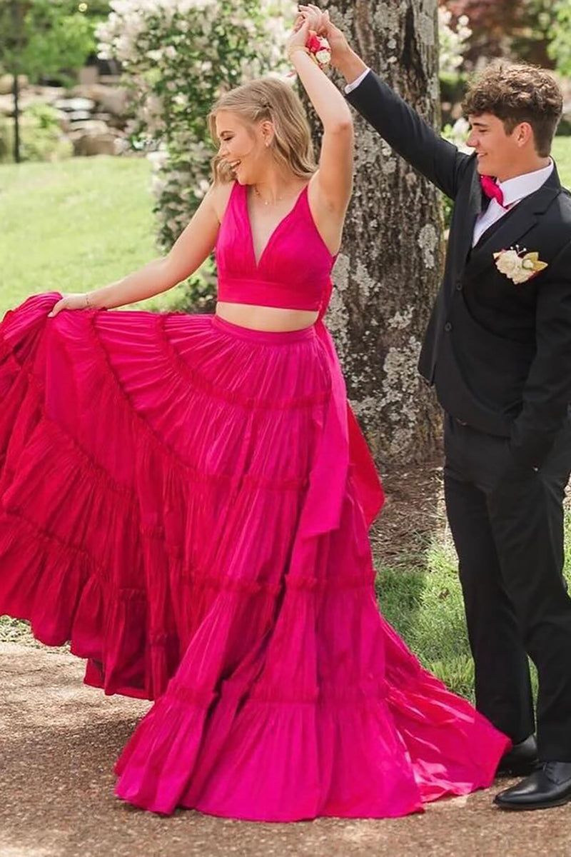 Laden Sie das Bild in den Galerie-Viewer, Prinzessin Fuchsie 2 Teilig V-Ausschnitt Plissie Langes Abendkleid
