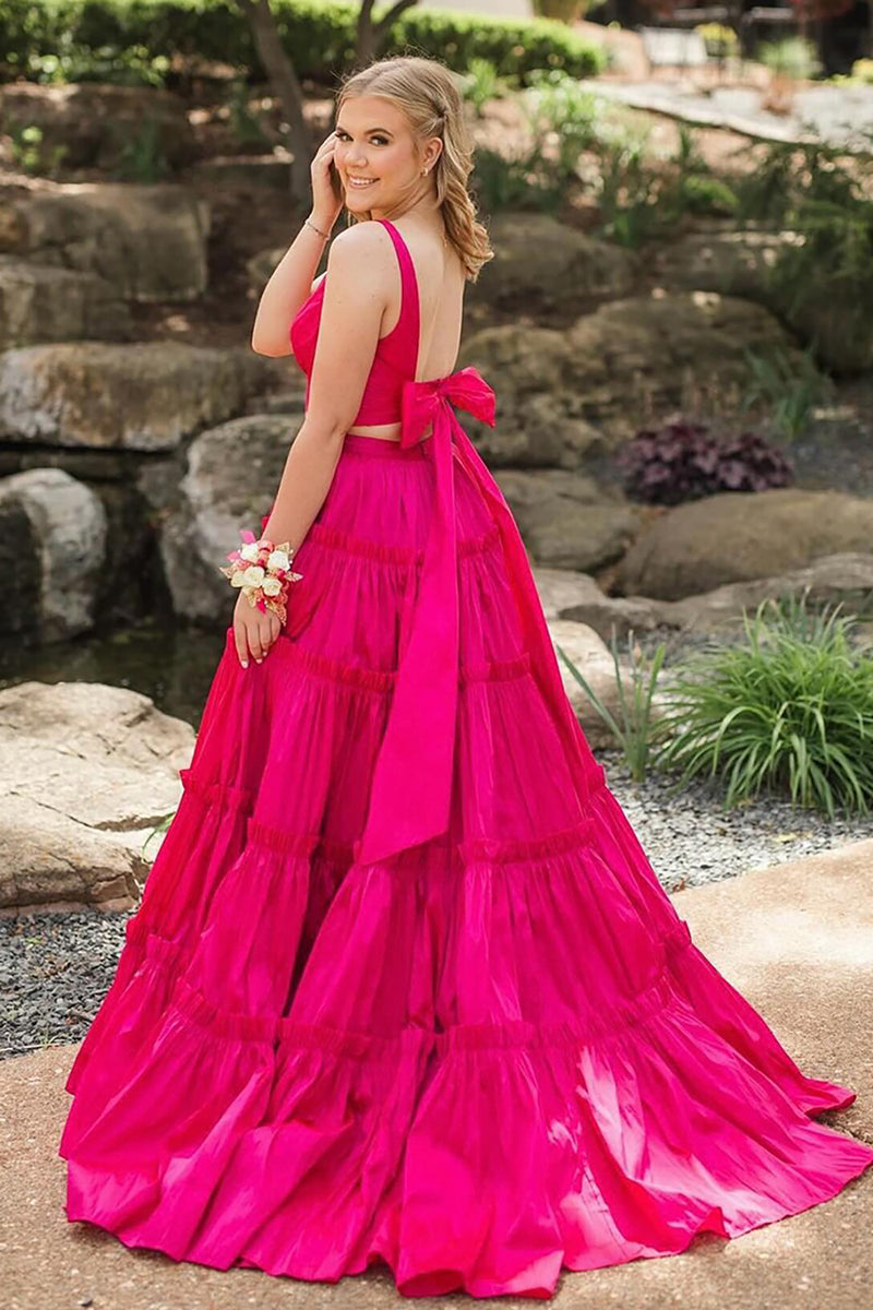 Laden Sie das Bild in den Galerie-Viewer, Prinzessin Fuchsie 2 Teilig V-Ausschnitt Plissie Langes Abendkleid
