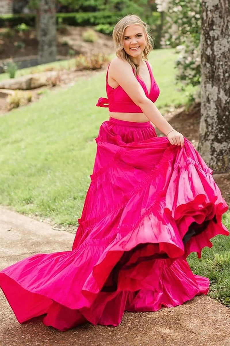 Laden Sie das Bild in den Galerie-Viewer, Prinzessin Fuchsie 2 Teilig V-Ausschnitt Plissie Langes Abendkleid