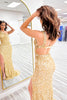 Laden Sie das Bild in den Galerie-Viewer, Glitzer Gold Eine Schulter Pailletten Rückenfreie Langes Abendkleid mit Schlitz