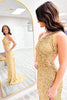 Laden Sie das Bild in den Galerie-Viewer, Glitzer Gold Eine Schulter Pailletten Rückenfreie Langes Abendkleid mit Schlitz