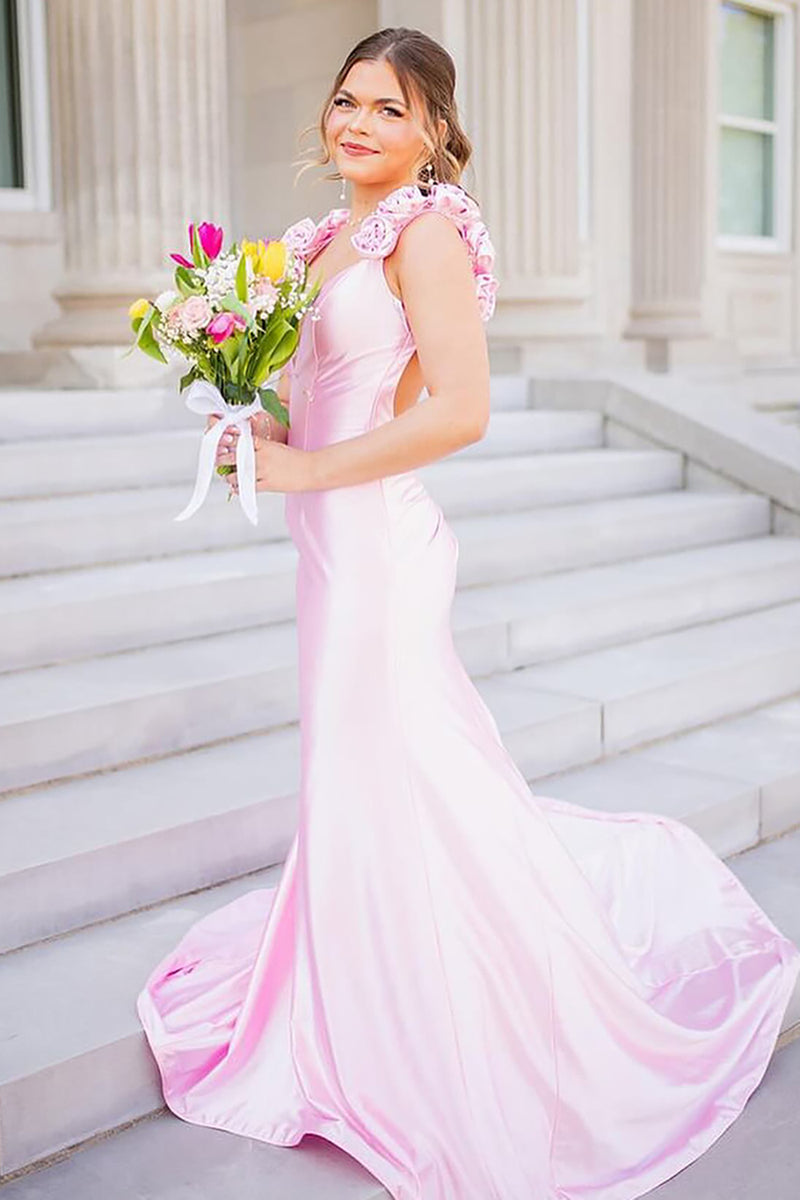 Laden Sie das Bild in den Galerie-Viewer, Rosa Blumen Riemen Rückenfrei Satin Langes Abendkleid