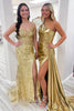 Laden Sie das Bild in den Galerie-Viewer, Gold Metallisch Ein Schulter Korsett Gerüscht Langes Abendkleid mit Schlitz