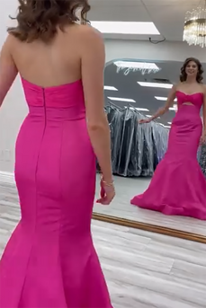 Fuchsie Trägerlose Meerjungfrau Langes Satin Abendkleid
