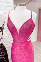 Laden Sie das Bild in den Galerie-Viewer, Glitzer Schwarz Perlen Spaghettiträger Langes Abendkleid mit Schlitz