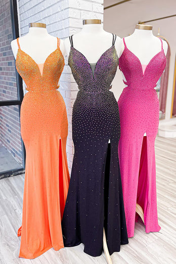 Glitzer Schwarz Perlen Spaghettiträger Langes Abendkleid mit Schlitz
