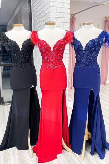 Glitzer Rote Federn V-Ausschnitt Korsett Langes Abendkleid mit Schlitz