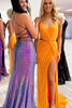 Laden Sie das Bild in den Galerie-Viewer, Glitzer Orange Spaghettiträger Pailletten Langes Abendkleid mit Schlitz