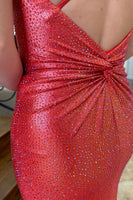 Laden Sie das Bild in den Galerie-Viewer, Glitzer Rote Perlen Spaghettiträger Satin Langes Abendkleid