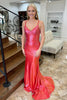 Laden Sie das Bild in den Galerie-Viewer, Glitzer Rote Perlen Spaghettiträger Satin Langes Abendkleid