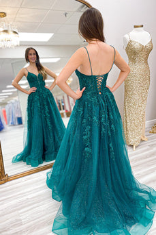 Glitzer Smaragdgrün Korsett Blumen Spaghettiträger Langes Abendkleid