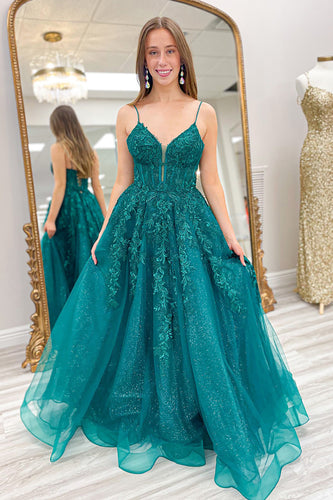 Glitzer Smaragdgrün Korsett Blumen Spaghettiträger Langes Abendkleid
