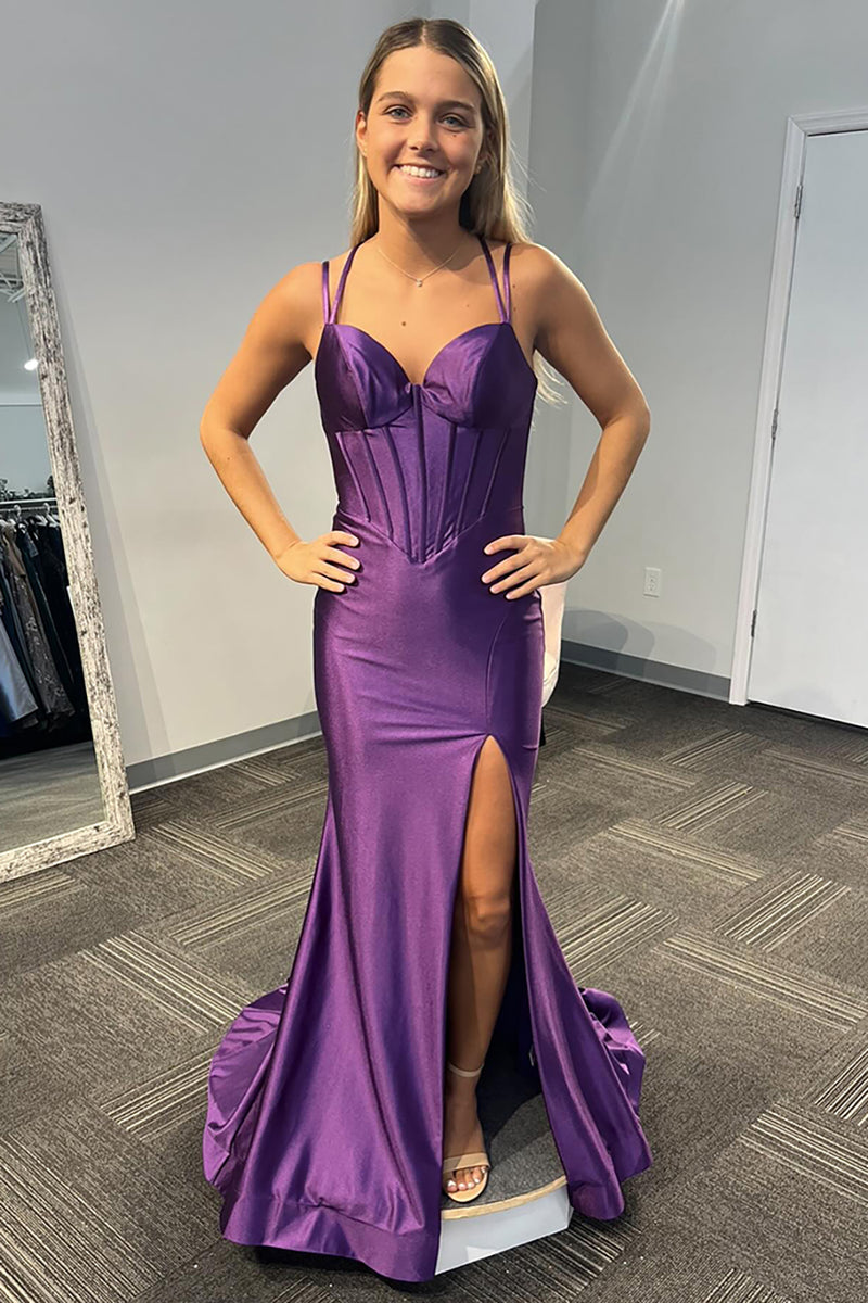 Laden Sie das Bild in den Galerie-Viewer, Lila Korsett Spaghettträger Langes Satin Abendkleid mit Schlitz