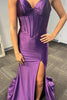Laden Sie das Bild in den Galerie-Viewer, Lila Korsett Spaghettträger Langes Satin Abendkleid mit Schlitz