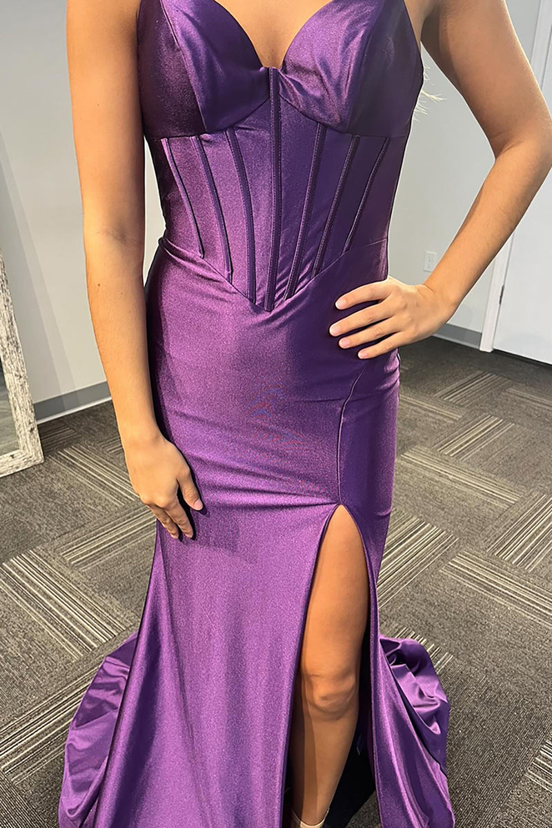 Laden Sie das Bild in den Galerie-Viewer, Lila Korsett Spaghettträger Langes Satin Abendkleid mit Schlitz