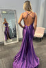 Laden Sie das Bild in den Galerie-Viewer, Lila Korsett Spaghettträger Langes Satin Abendkleid mit Schlitz