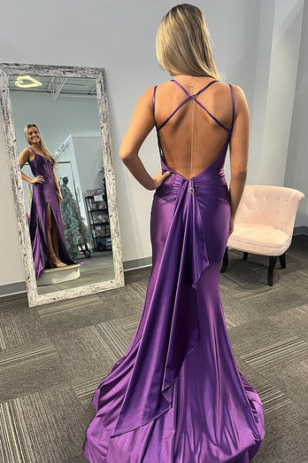 Lila Korsett Spaghettträger Langes Satin Abendkleid mit Schlitz