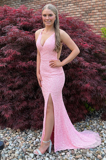 Glitter Rosa Pailletten Meerjungfrau V-Ausschnitt Langes Abendkleid