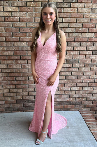 Glitter Rosa Pailletten Meerjungfrau V-Ausschnitt Langes Abendkleid