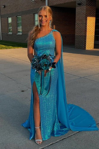Glitter Blau Eine Schulter Rücken Kap Langes Abendkleid mit Schlitz