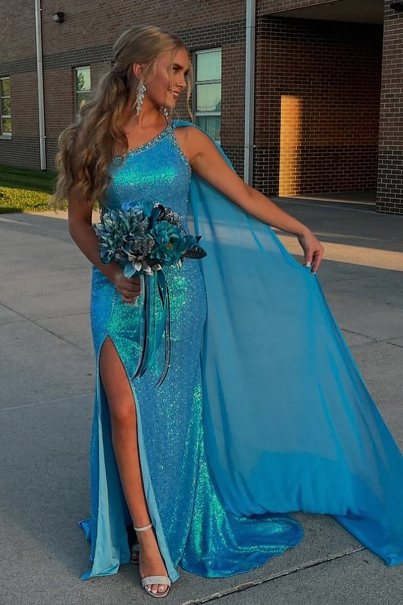 Laden Sie das Bild in den Galerie-Viewer, Glitter Blau Eine Schulter Rücken Kap Langes Abendkleid mit Schlitz