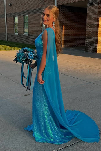 Glitter Blau Eine Schulter Rücken Kap Langes Abendkleid mit Schlitz