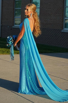 Glitter Blau Eine Schulter Rücken Kap Langes Abendkleid mit Schlitz